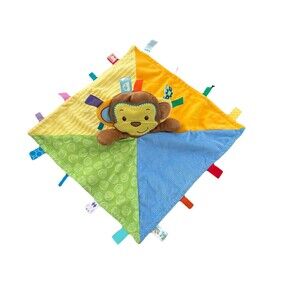 Taggies Monkey Security Blanket Lovey Yellow Blue Green Ribbons Textured 13"